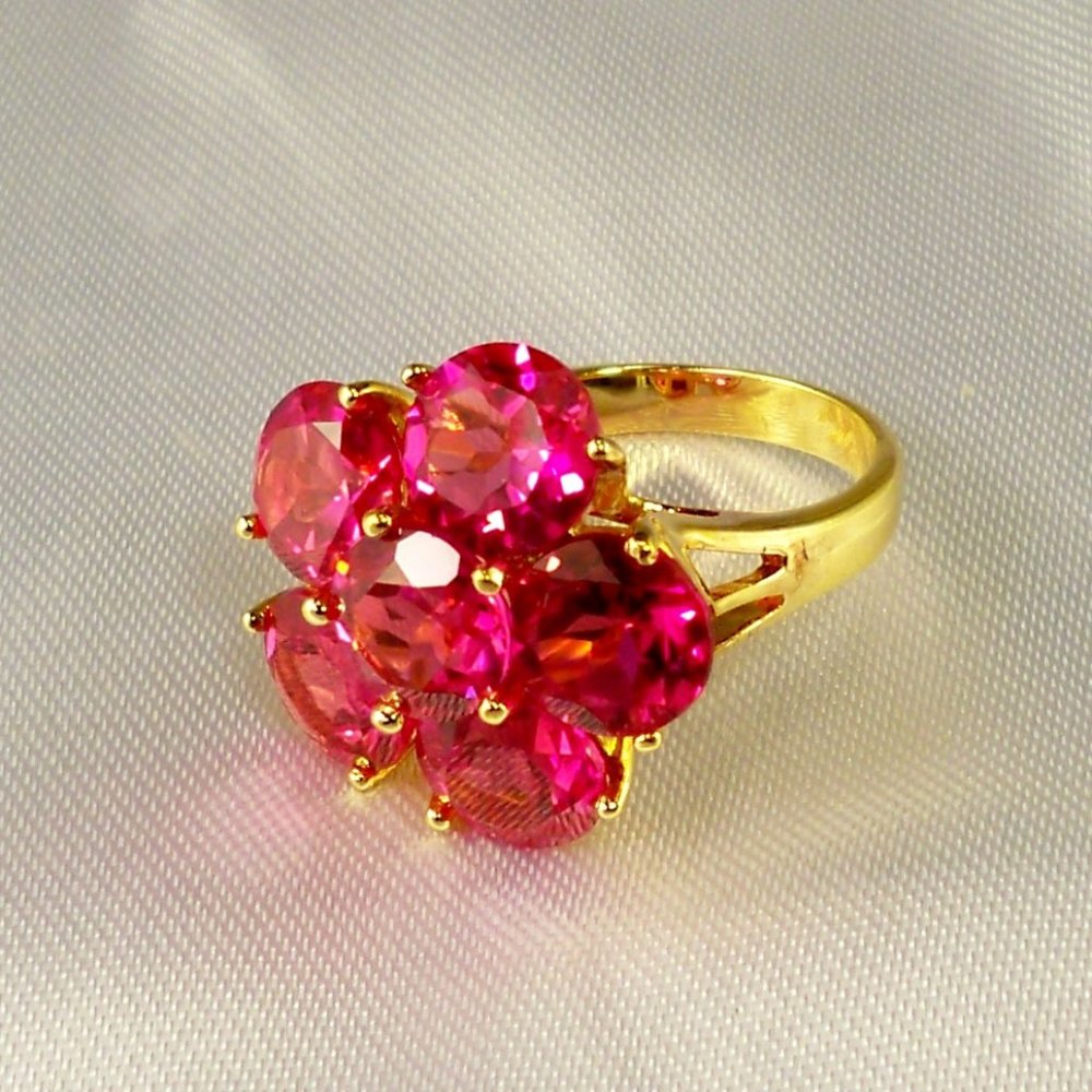 NEW Deep Pink Cubic Zirconias Flower Gold 925 DESIGNER Ring
